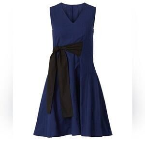 Thakoon Collective Tie Waist Dress Navy Blue Black V Neck Sleeveless Cot…